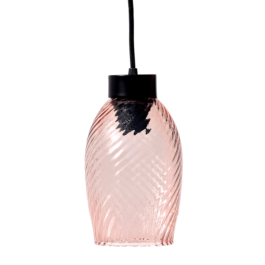Suspension élégante en verre texturé rose et métal noir.