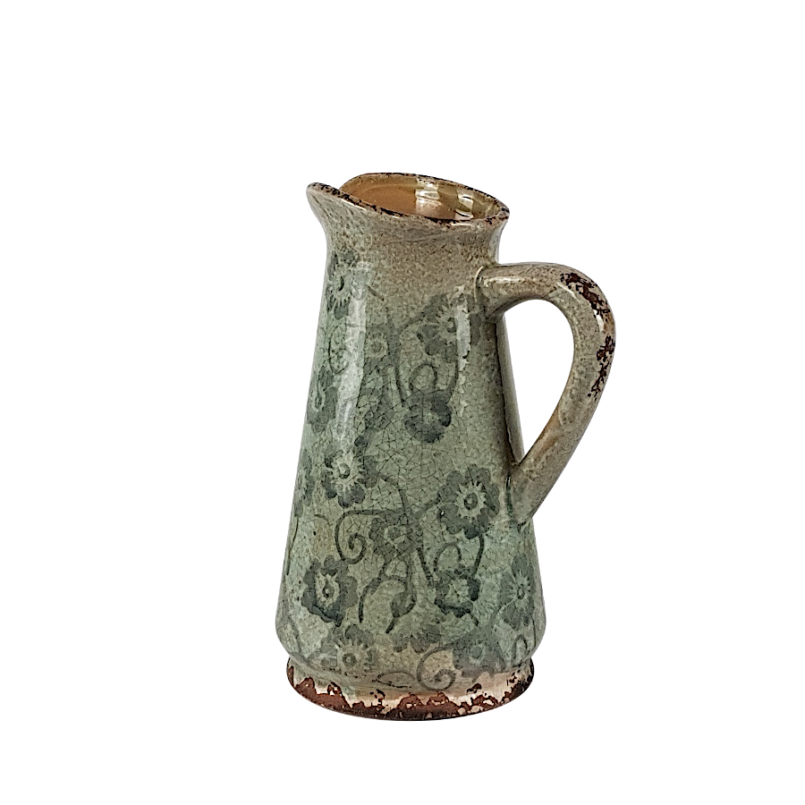 Vase pichet gris motifs floraux H23  | Deco-Delight.com