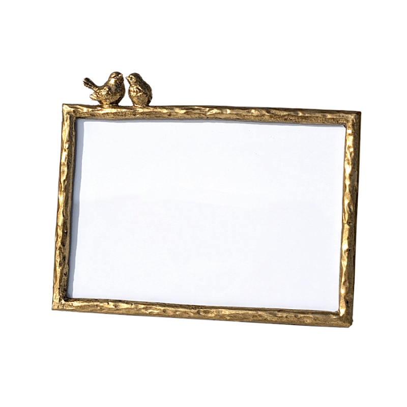 Cadre photo doré avec duo d'oiseaux inséparables.