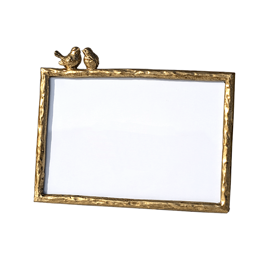 Cadre photo doré avec duo d'oiseaux inséparables.