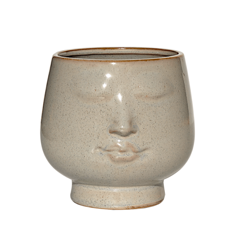 Cache-pot visage en céramique beige moucheté, vue de face.