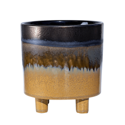 Cache-pot en céramique au glaçage réactif bleu et ocre.