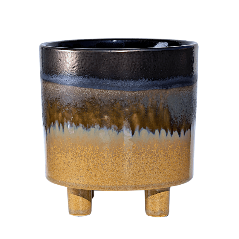 Cache-pot en céramique au glaçage réactif bleu et ocre.