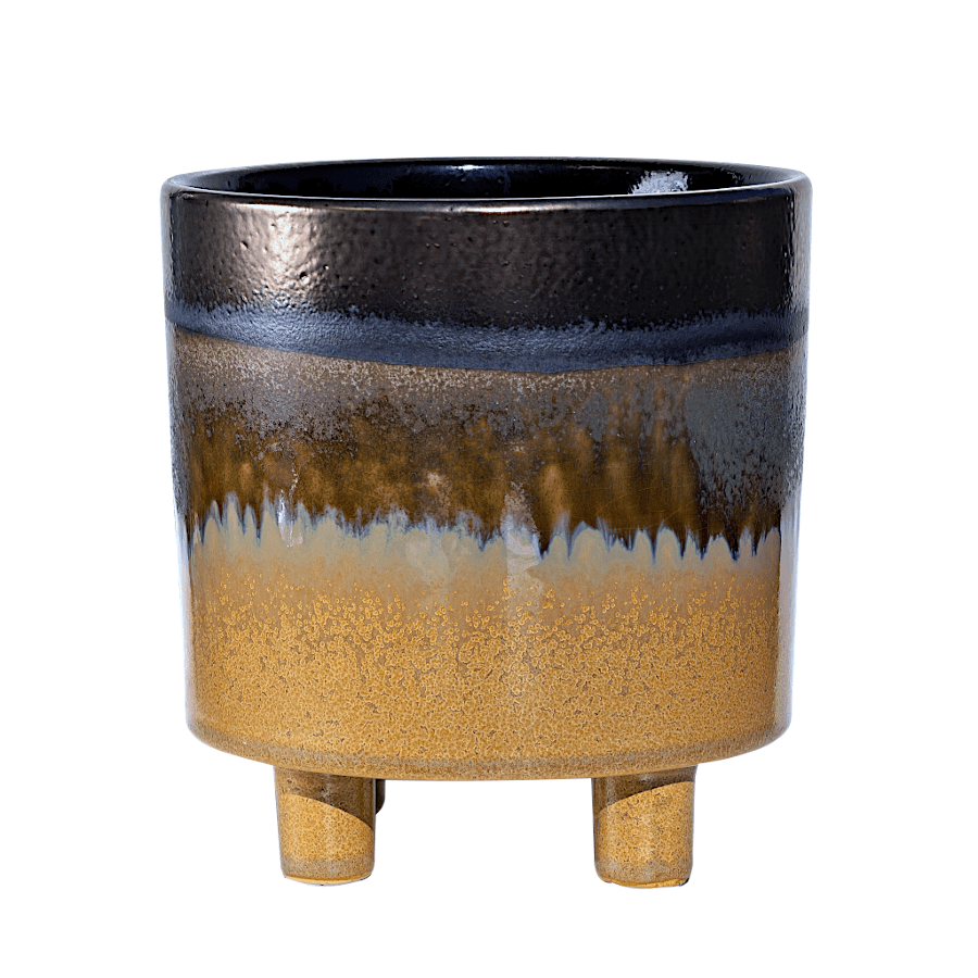 Cache-pot en céramique au glaçage réactif bleu et ocre.