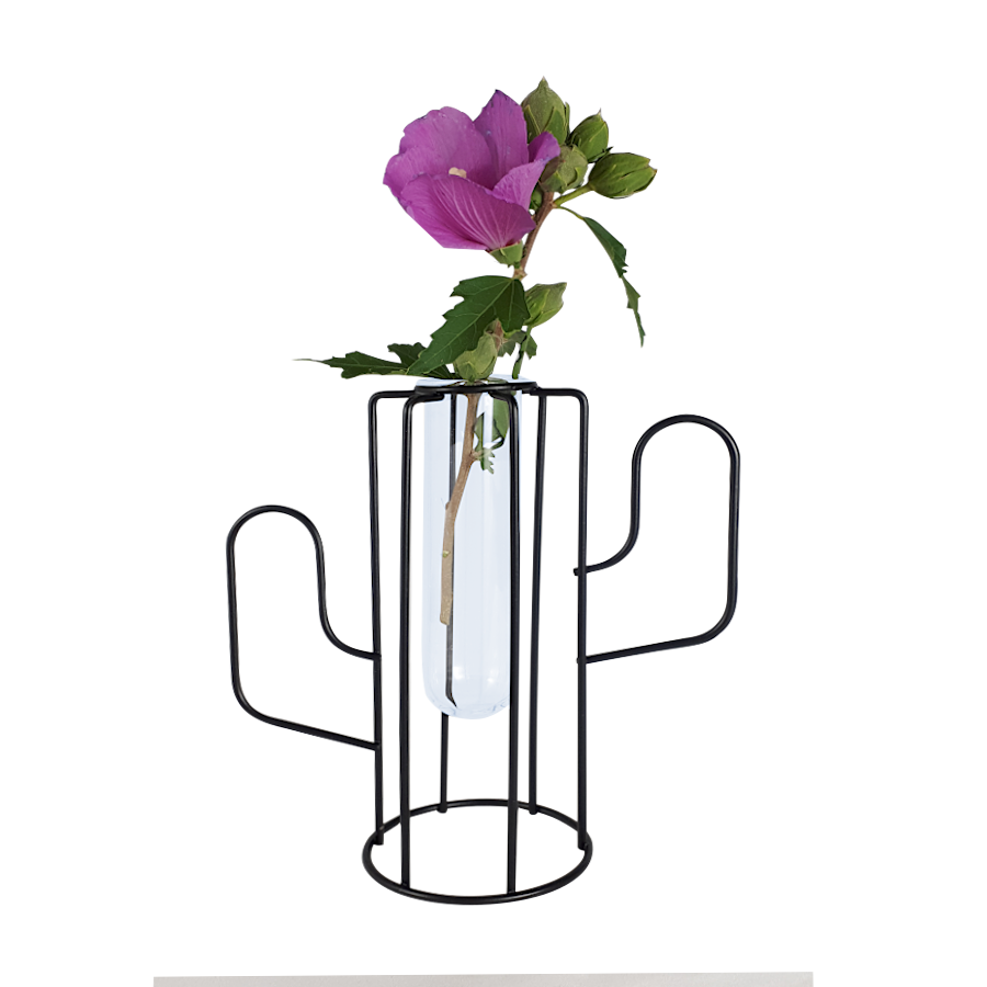Soliflore cactus métal noir et verre H16.5  | Deco-Delight.com