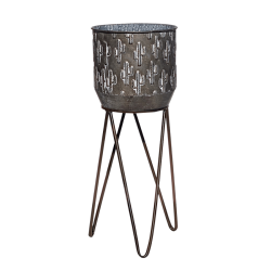 Petit cache-pot cactus en fer noir avec reliefs argentés sur trépied, hauteur 64,5 cm.