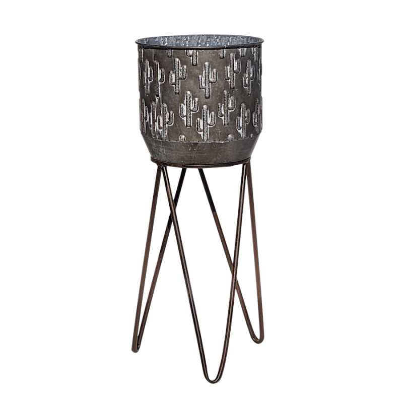 Petit cache-pot cactus en fer noir avec reliefs argentés sur trépied, hauteur 64,5 cm.