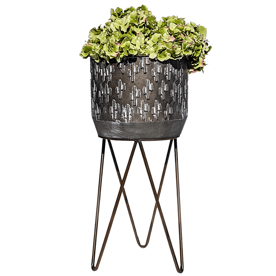 Grand cache-pot cactus sur pieds en fer anthracite et gris, hauteur 76 cm.