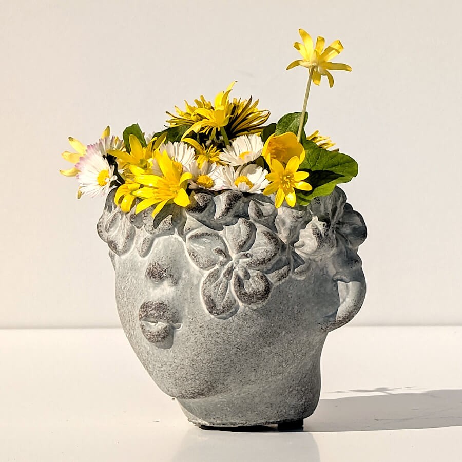 Profil du cache-pot soulignant le relief des traits du visage.