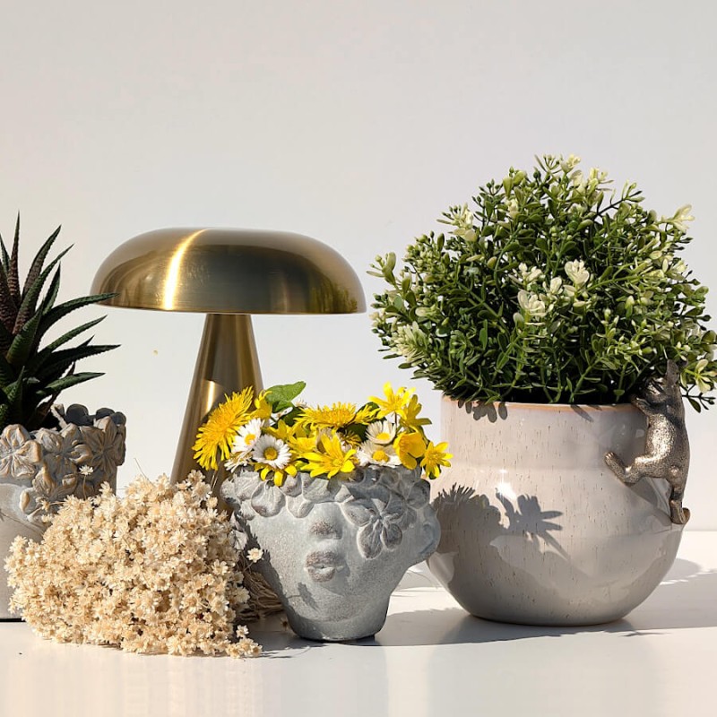 Présentation du pot à côté de la lampe LED nomade champignon dorée.