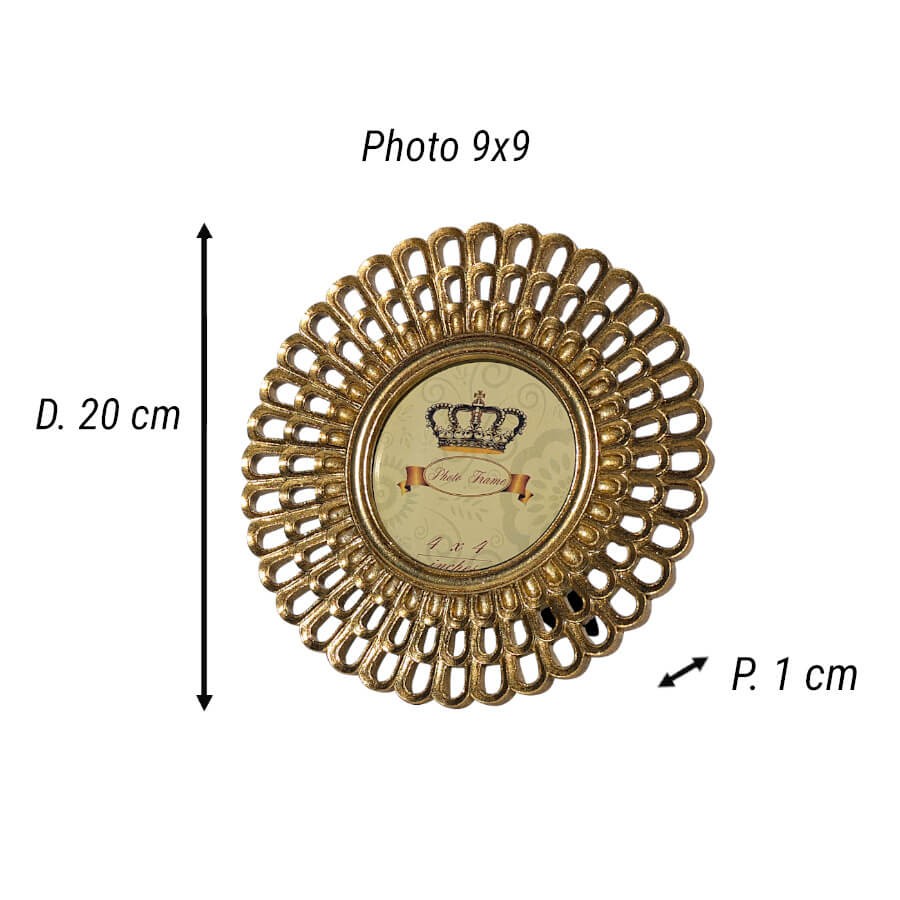 Schéma technique : diamètre total 20 cm, diamètre de la photo à insérer 9 cm.