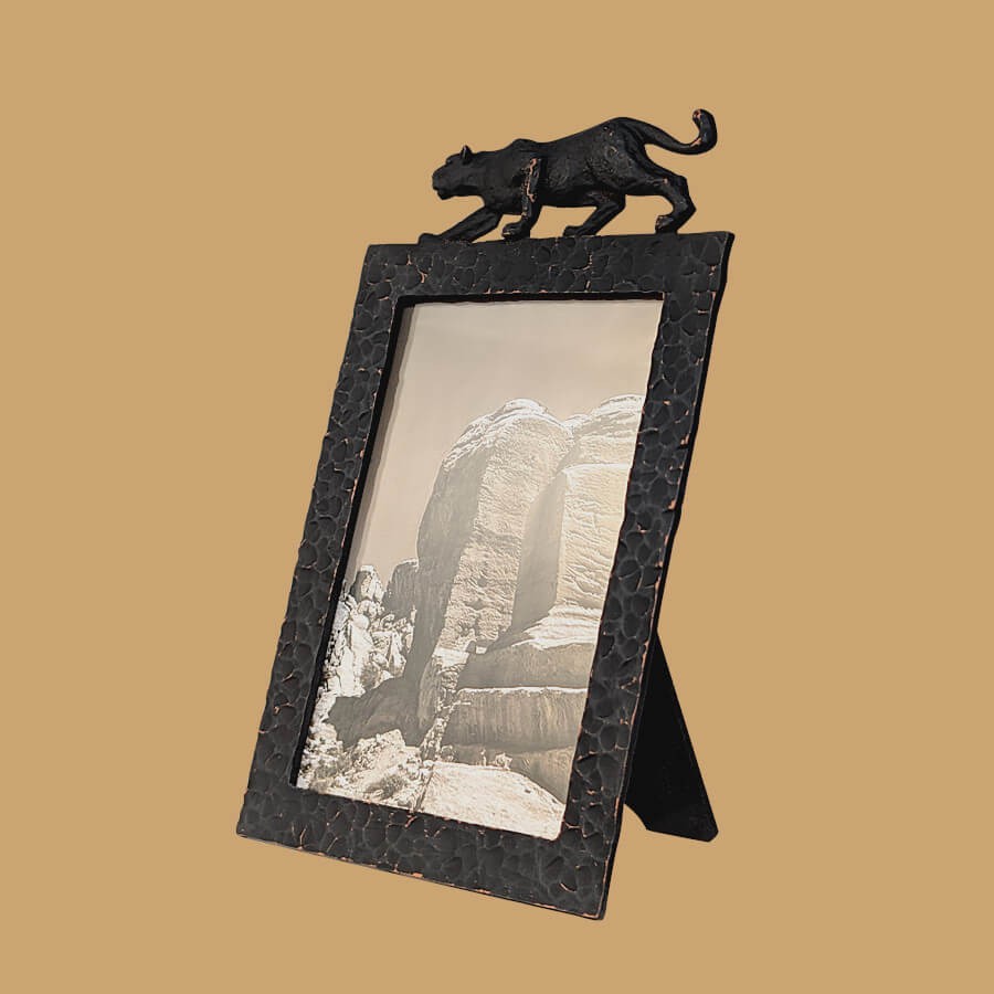 Vue de profil soulignant l'inclinaison du pied chevalet noir.