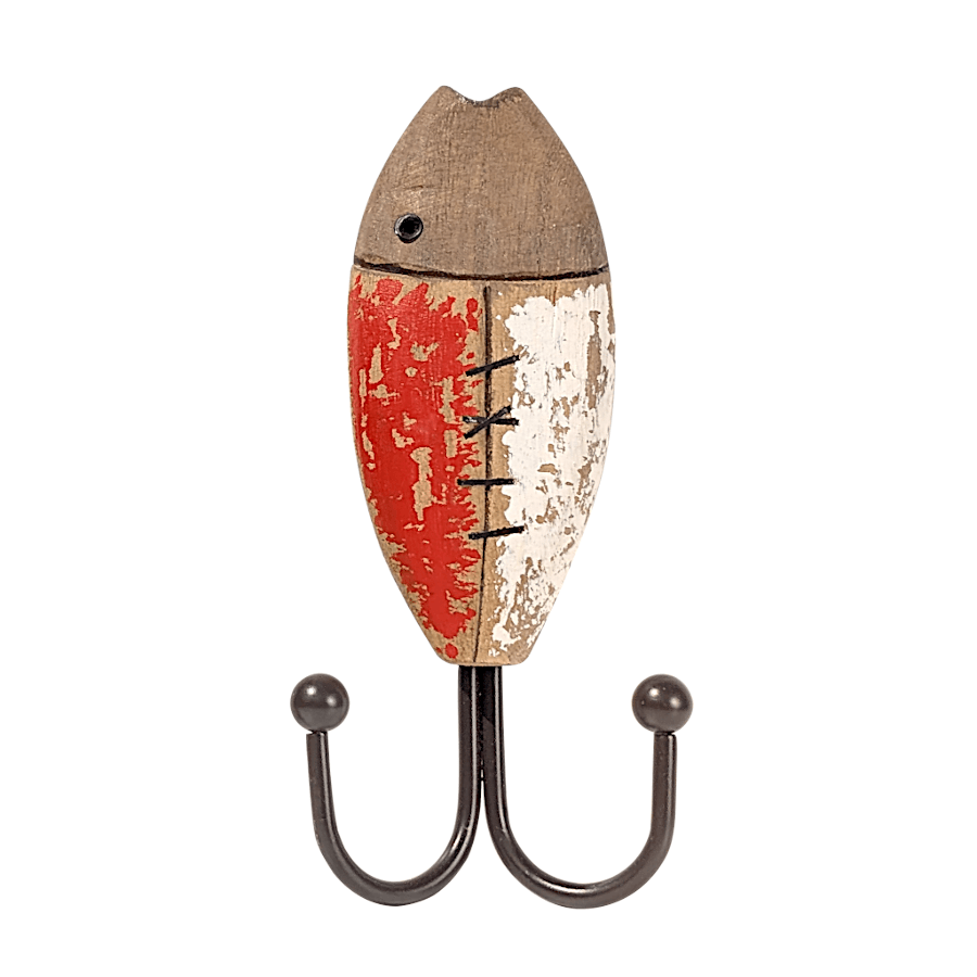 Patère poisson en bois rouge et blanc avec son double crochet noir.