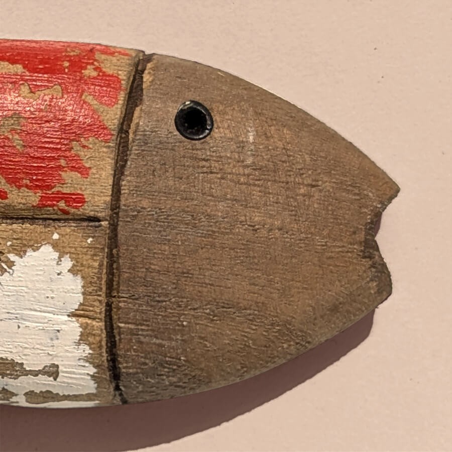 Zoom sur l'œil et les détails sculptés de la tête du poisson.