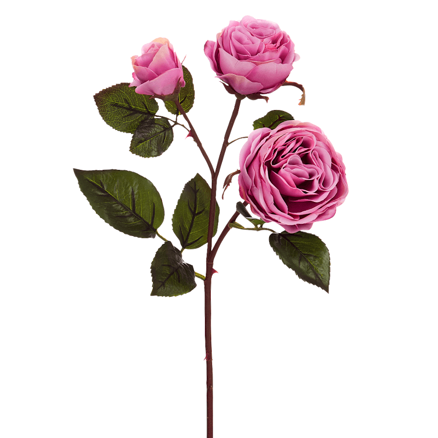 Tige de rose artificielle rose vif avec deux fleurs épanouies et un bouton sur tige, hauteur 54 cm.