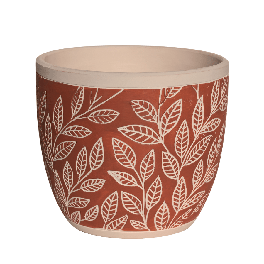 Cache-pot en céramique terracotta avec motifs de feuilles blanches texturées, format H15 cm.
