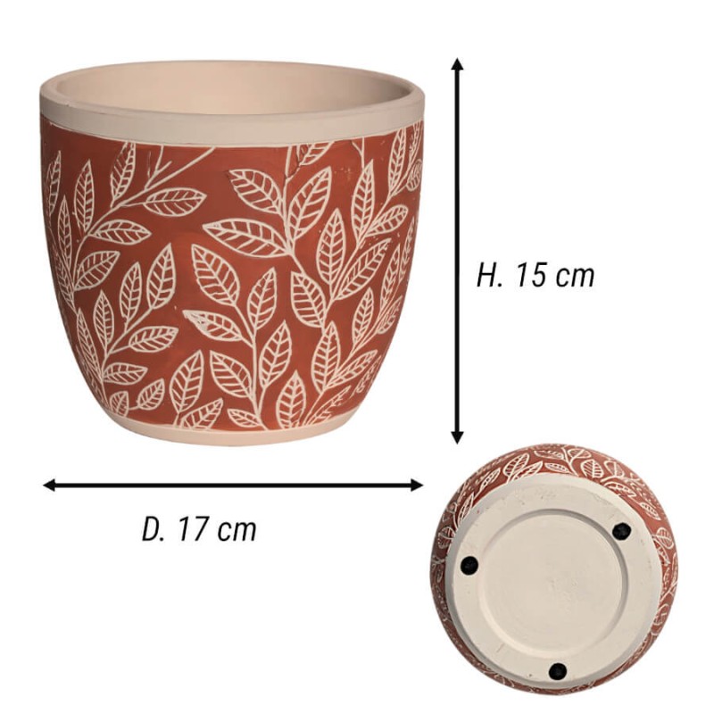 Schéma technique : Hauteur 15 cm et Diamètre 17 cm. Vue de la base stable du cache-pot.