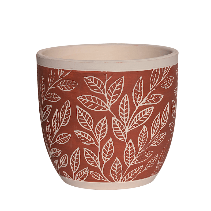 Petit cache-pot en céramique terracotta avec motifs de feuilles blanches, format H12,5 cm.