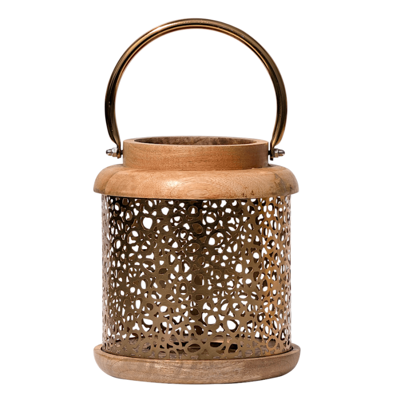 Lanterne Métal Doré et Bois de Manguier | Déco Jungle Chic