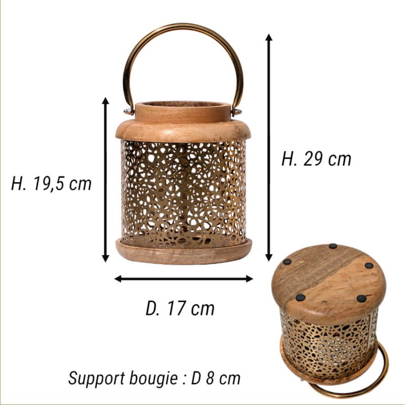 Schéma technique : Hauteur 19,5 cm (29 cm avec anse), Diamètre 17 cm et support bougie de 8 cm.