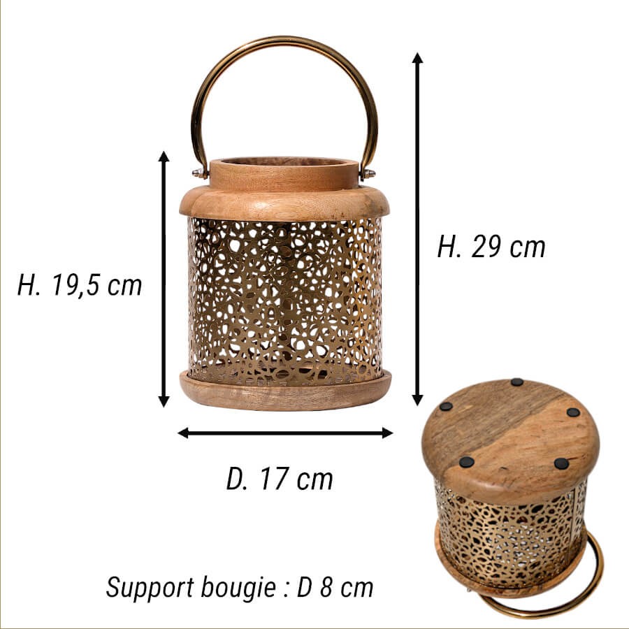 Schéma technique : Hauteur 19,5 cm (29 cm avec anse), Diamètre 17 cm et support bougie de 8 cm.