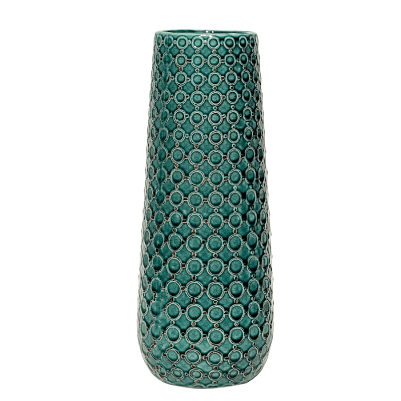 Grand vase en céramique turquoise à motifs de cotte de maille japonaise.