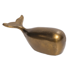 Grande statuette baleine en métal doré antique L18 cm, une silhouette majestueuse au style bord de mer minimaliste.
