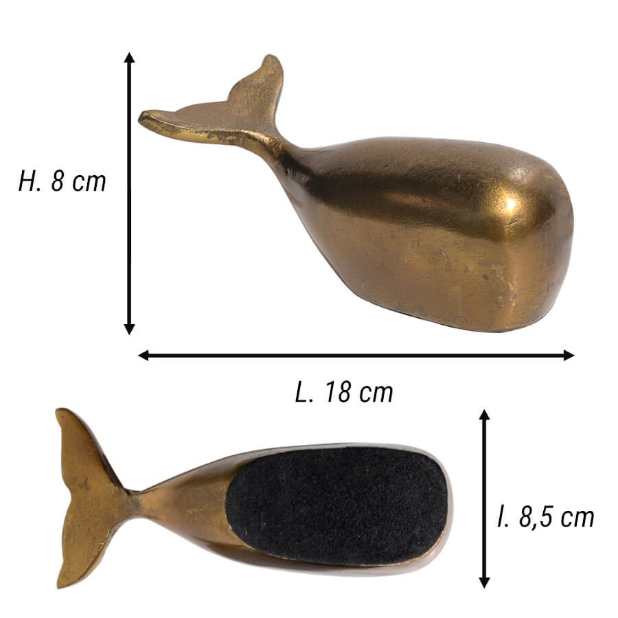Schéma technique avec dimensions de la grande baleine : L 18 cm x H 8 cm et vue de la base.