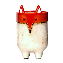 Cache-pot renard stylisé sur pieds en céramique couleurs ocre et beige, hauteur 21cm.