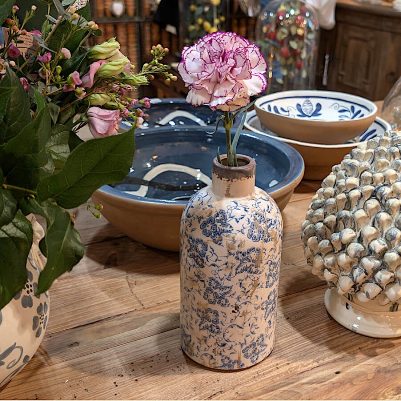 Vase-bouteille-motifs-fleuris-h23-bleu-emaille-artisanal