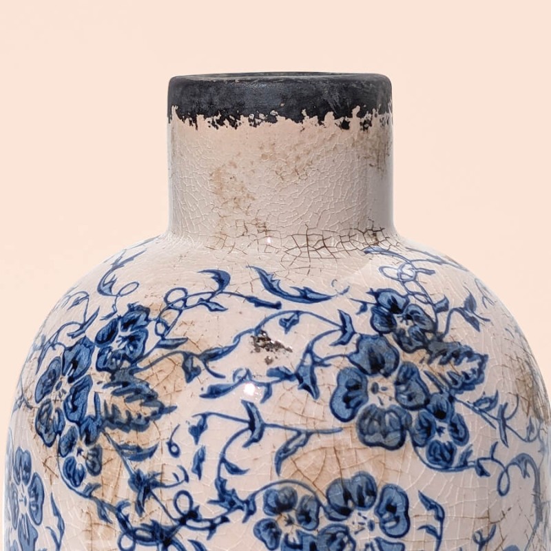 Vase-bouteille-motifs-fleuris-h23-bleu-emaille-artisanal