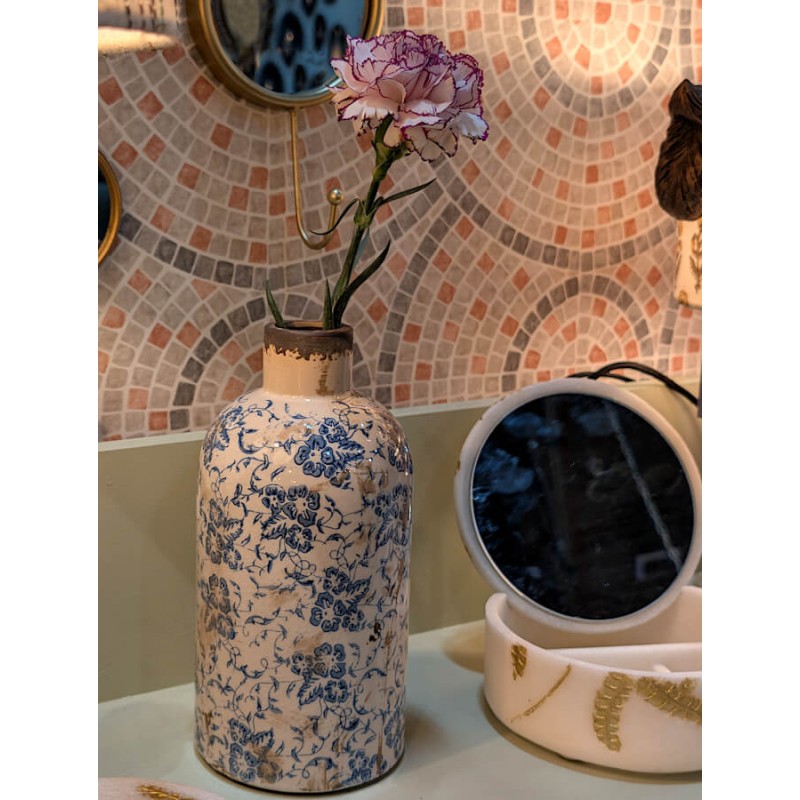 Vase-bouteille-motifs-fleuris-h23-bleu-emaille-artisanal