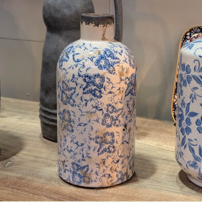 Vase-bouteille-motifs-fleuris-h23-bleu-emaille-artisanal