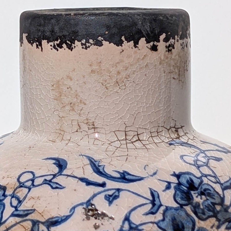 Vase-bouteille-motifs-fleuris-h23-bleu-emaille-artisanal