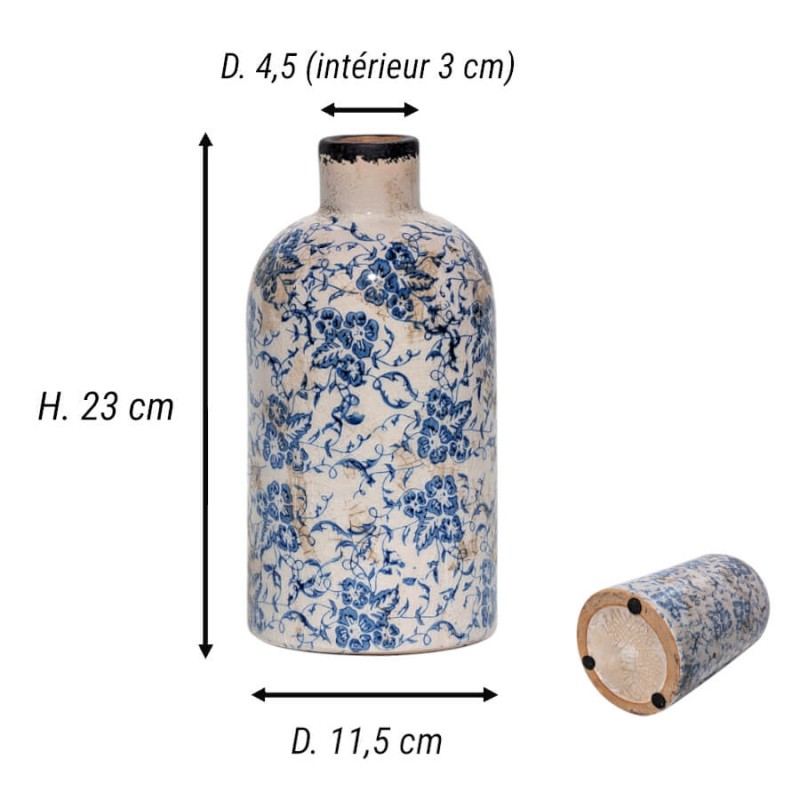 Vase-bouteille-motifs-fleuris-h23-bleu-emaille-artisanal