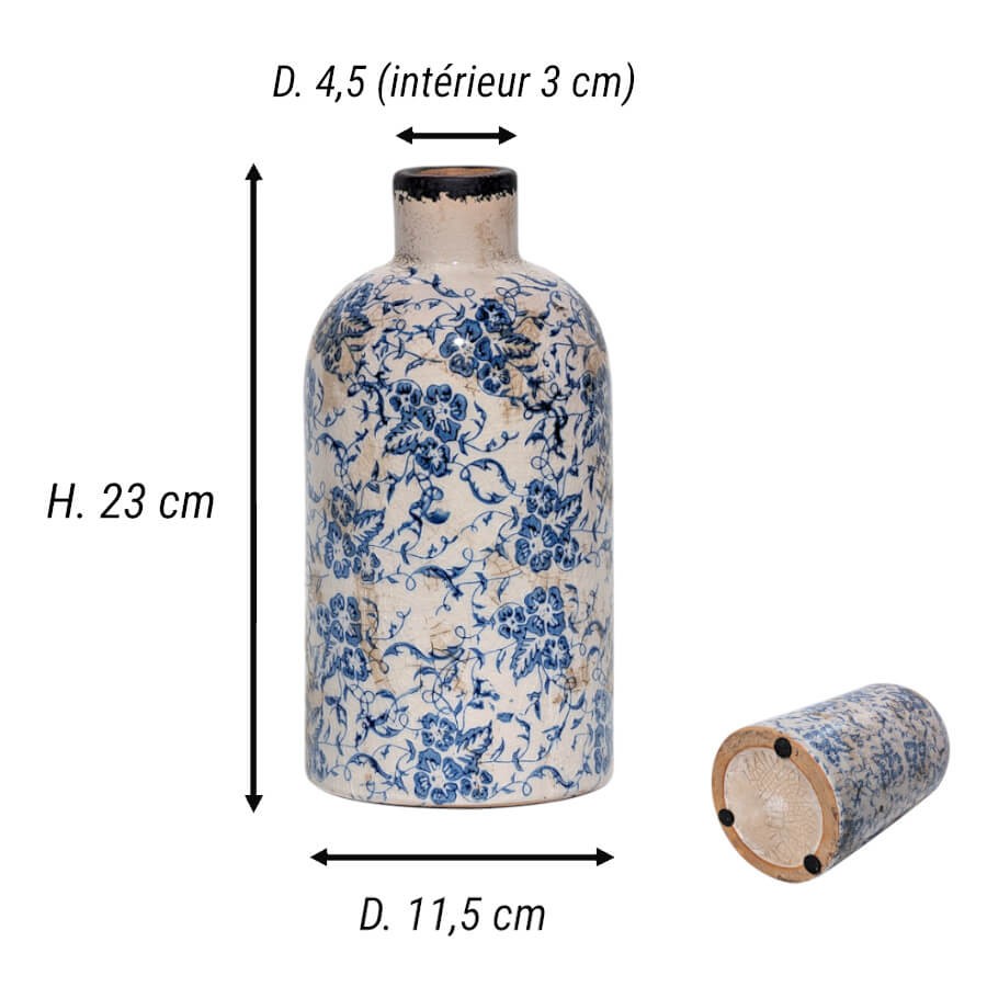 Vase-bouteille-motifs-fleuris-h23-bleu-emaille-artisanal