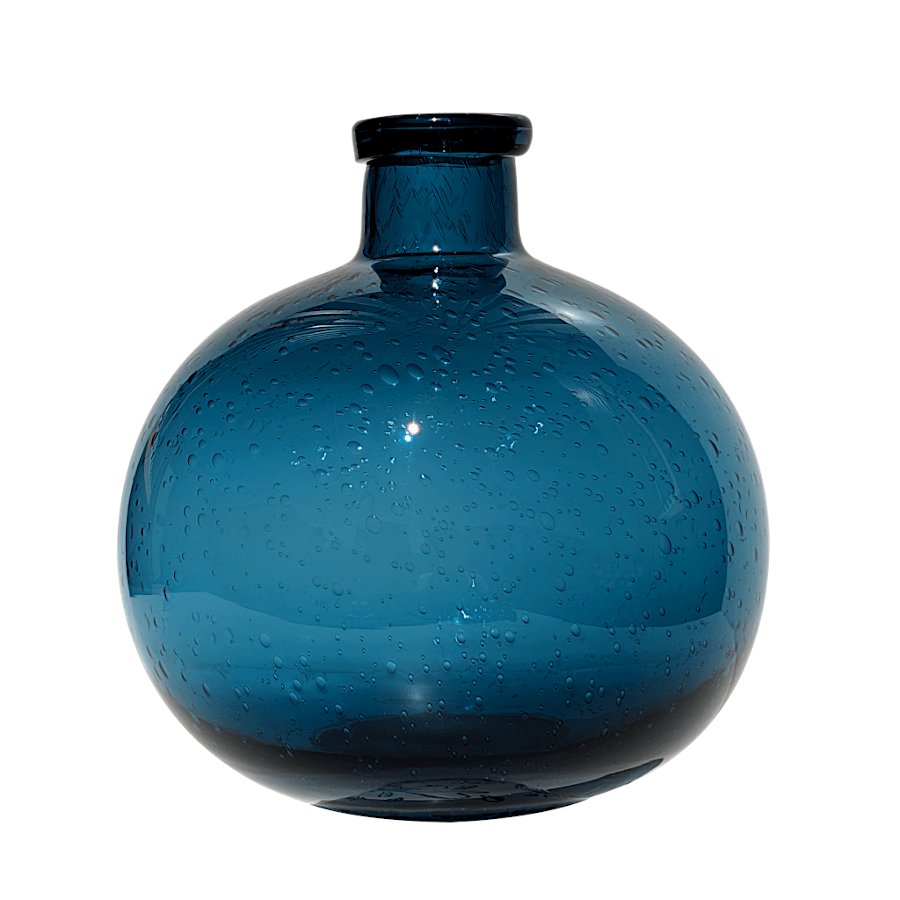 Vase boule en verre bullé artisanal coloris bleu azur, hauteur 18,5 cm et diamètre 18 cm.