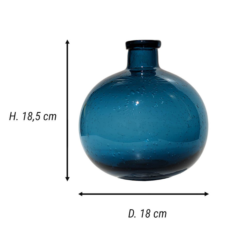 Schéma technique du vase boule bullé bleu : hauteur 18,5 cm et diamètre 18 cm.