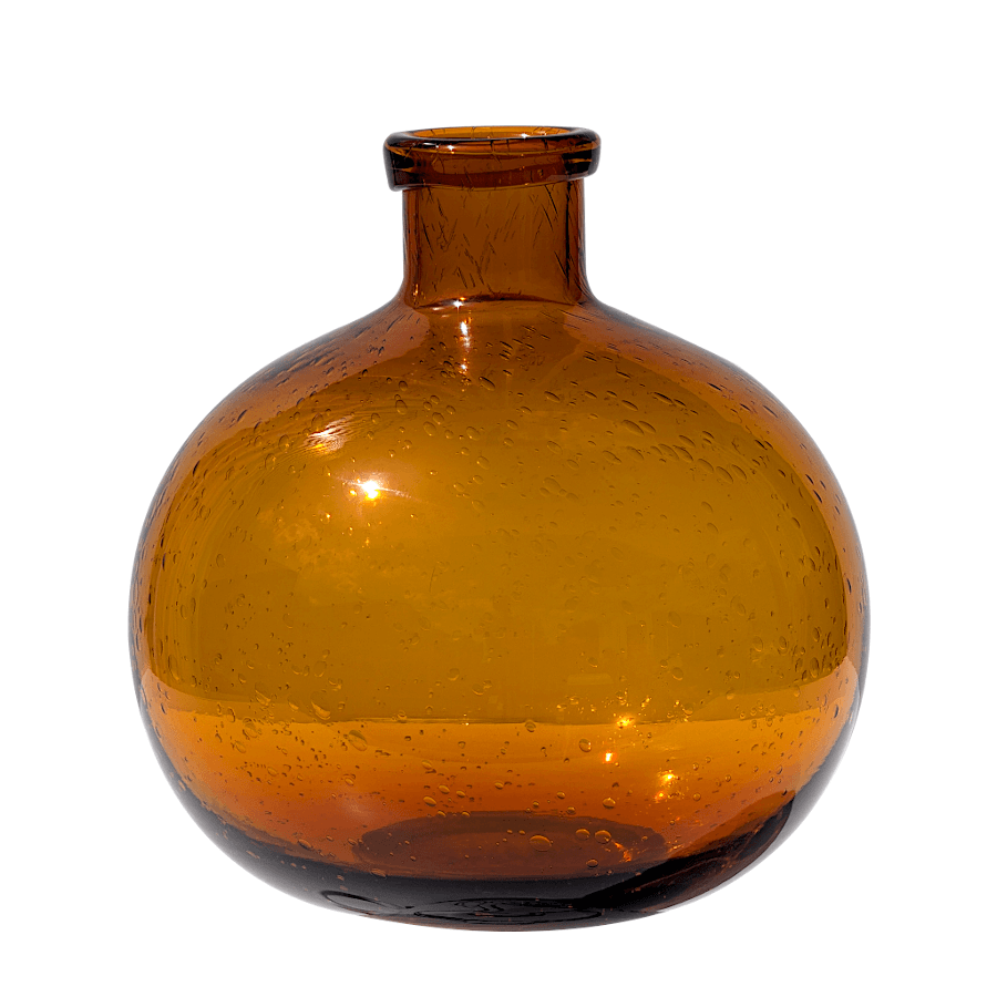 Vase boule en verre bullé artisanal coloris rouille aux reflets ambrés.
