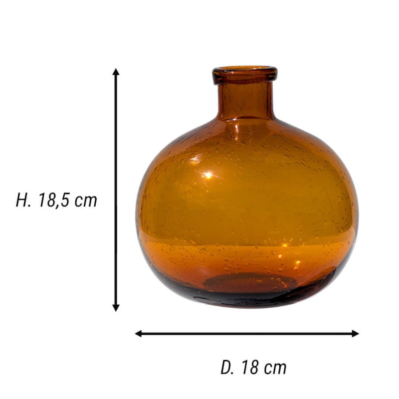 Schéma technique indiquant les dimensions du vase en verre bullé rouille : H18,5 cm et D18 cm.
