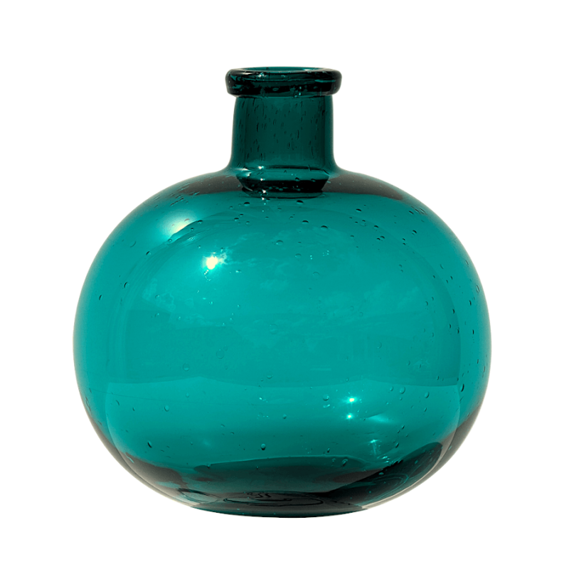 Vase boule en verre bullé artisanal coloris turquoise, hauteur 18,5 cm.