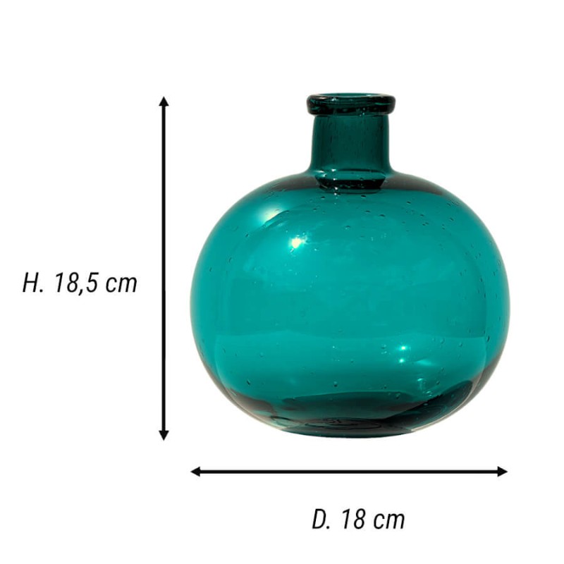 Schéma technique présentant le diamètre (18 cm) et la hauteur (18,5 cm) du vase en verre bullé de couleur turquoise.