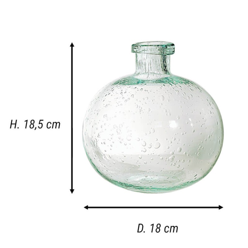 Schéma technique du vase en verre bullé vert d'eau : ses dimensions sont H18,5 cm x D18 cm.