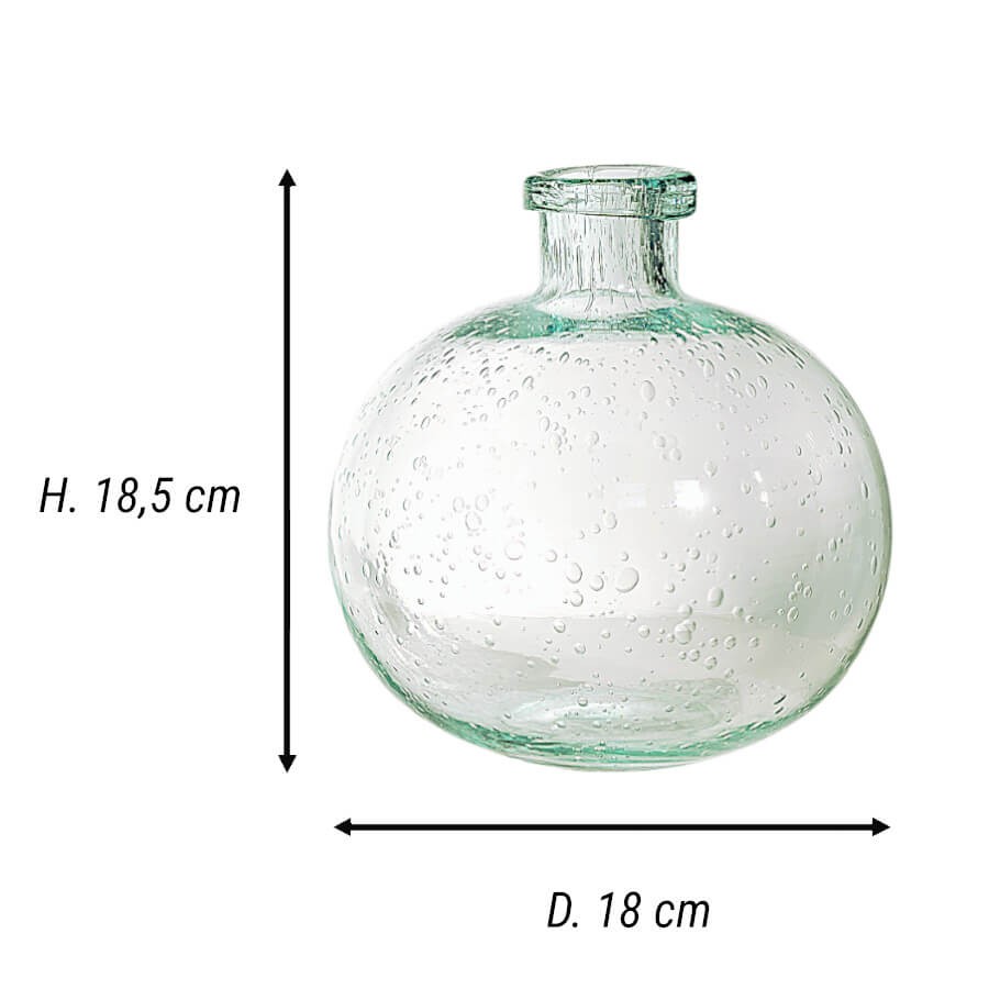 Schéma technique du vase en verre bullé vert d'eau : ses dimensions sont H18,5 cm x D18 cm.