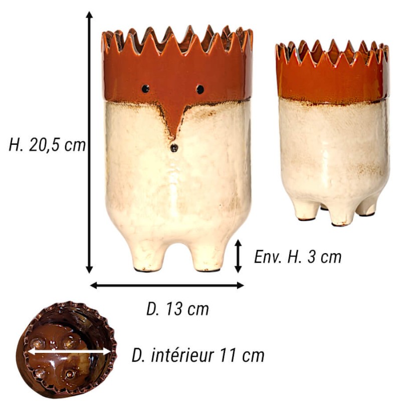 Cache-pot Hérisson Stylisé sur Pieds en Céramique terre battue et Beige - H20 cm