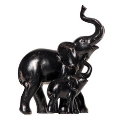 Statuette éléphant et son éléphanteau en résine noire brillante, hauteur 19 cm.