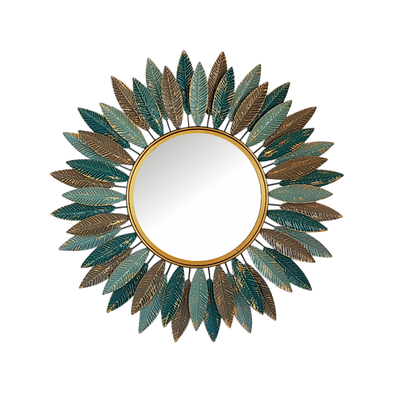 Miroir rond feuilles bleues et dorées D61  | Deco-Delight.com