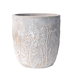 Visuel de couverture : Cache-pot en ciment gris avec motifs floraux champêtres en relief doré.