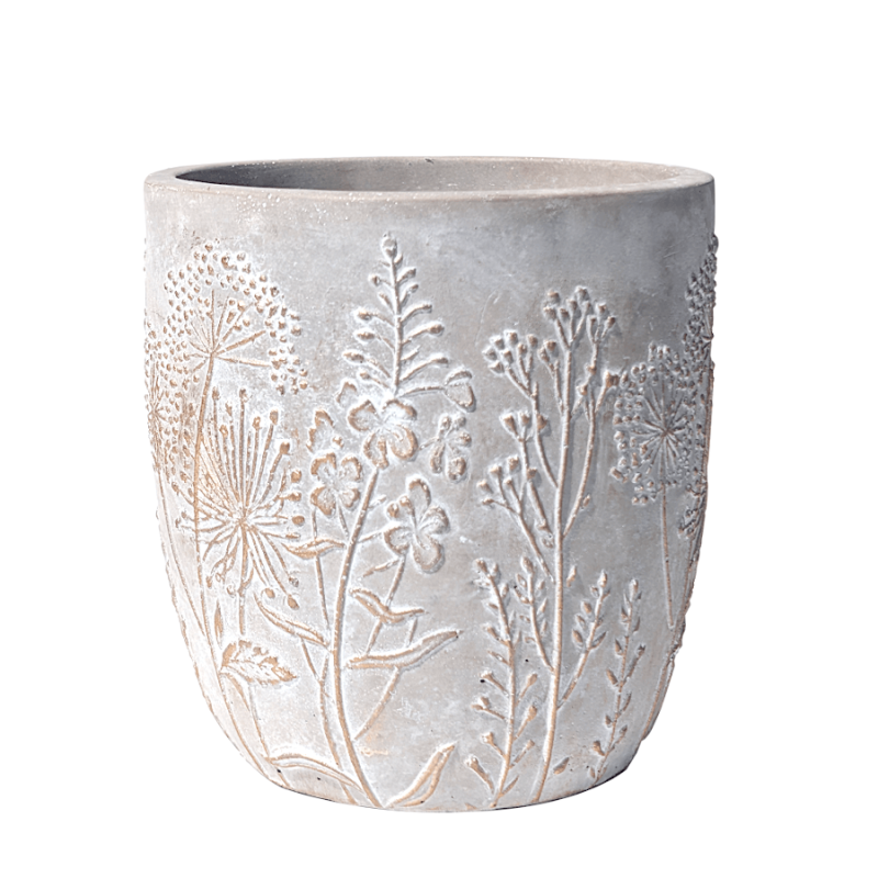 Visuel de couverture : Cache-pot en ciment gris avec motifs floraux champêtres en relief doré.