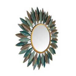 Miroir rond feuilles bleues et dorées D61  | Deco-Delight.com
